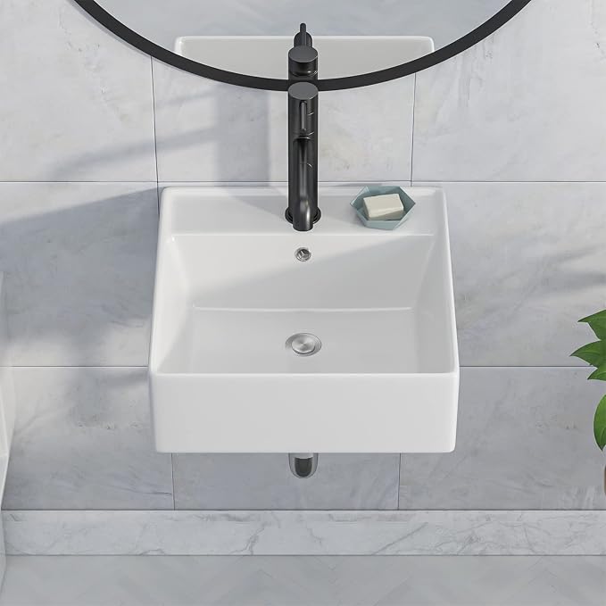 Wall Mounted Vessel Sink 18"x18" Ceramic Floating Bathroom Sink | Floating Wall Hung Sinks Modern Porcelain Wall Hung Sink Wash Hand Basin Vanity Sink with Overflow