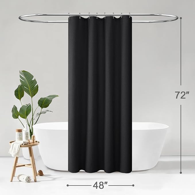 Stall Waffle Weave Shower Curtain Heavyweight Cotton Fabric Black 48Wx72L | Soft Cotton Cloth,3D Square Truely Waffle,Washable, Hotel Luxury Spa, Shower Curtains for Narrow Bathroom 12 Plastic Hooks