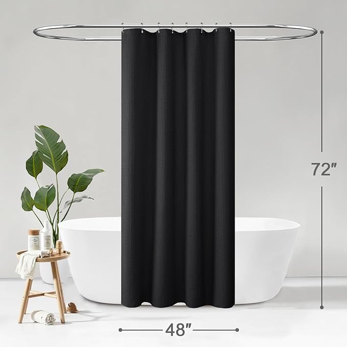 Stall Waffle Shower Curtain - Black Cotton Fabric Texture Heavyweight Shower Curtains for Narrow Bathroom,Washable,48Wx72L