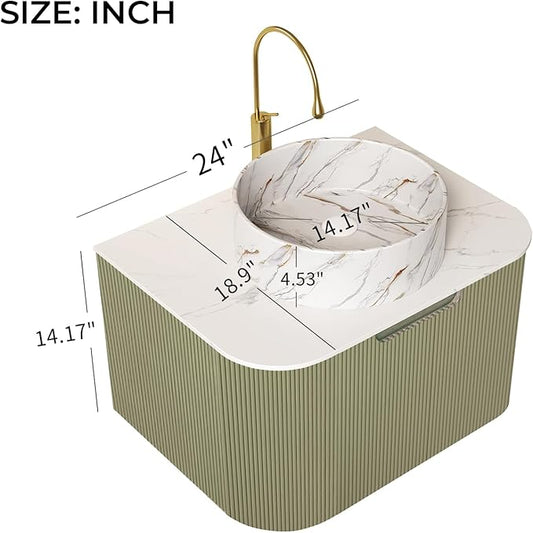 LKTART 24 Inch Floating Bathroom Vanity with Sink, Modern Wall Mounted Bathroom Storage Cabinet with Drawer, Stone Pattern Round White Ceramic Sink Top and Marble Texture Top, Green