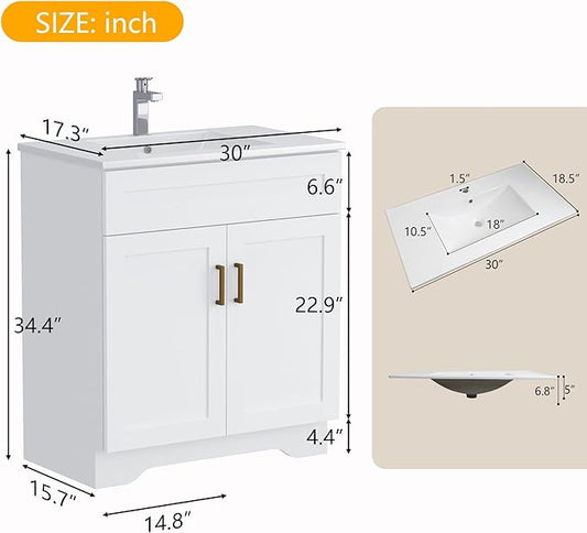 Bathroom 30" Vanity with Ceramic Sink, Wooden Double Door Bathroom Storage Cabinet, Freestanding Cabinet Vanity with Sink (Paint, White,30")