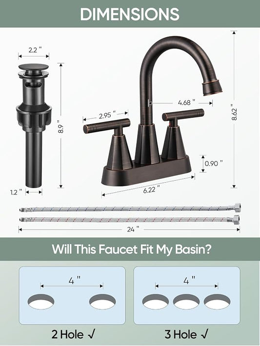 Cobbe Bronze Bathroom Faucets, Centerset Bathroom Sink Faucet 4 Inch | with Pop Up Drain and Supply Hoses, 2 Handle Stainless Steel Faucet for Vanity, RV, Farmhouse, 2 or 3 Hole