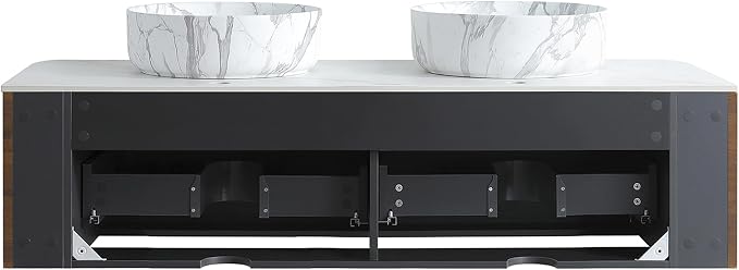 60" Floating Bathroom Vanity with Carrara Finish Sink, Walnut | Pre-Assembled Fluted Wall Mounted Double Sink Vanity with Sintered Stone Countertop, Soft-Close Drawers & Towel Rack