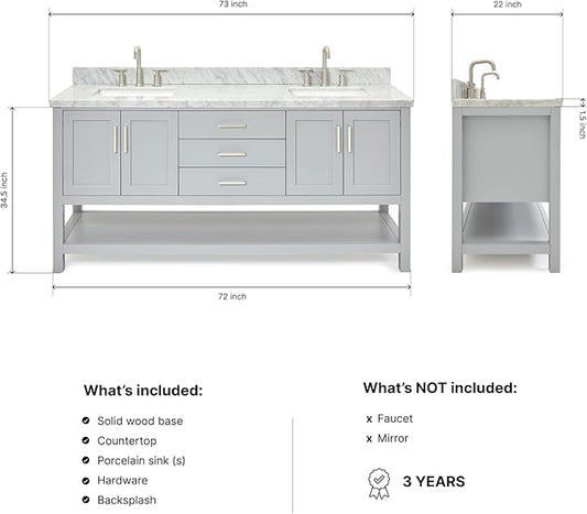 ARIEL 73" Grey Double Bathroom Vanity with 1.5" Edge Italian Carrara Marble Countertop & Splash, Rectangular Sinks, 4 Soft Closing Doors, 3 Dovetail Full Extensions Drawers, Brushed Nickel