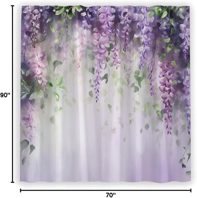 Purple Floral Lavender Flower Shower Curtain Spring Watercolor Weeping Wisteria Blossom Vine Leaves on Blurred Background with Dreamy Colors Girl Woman Bathroom Decor Set Polyester Curtains with Hooks