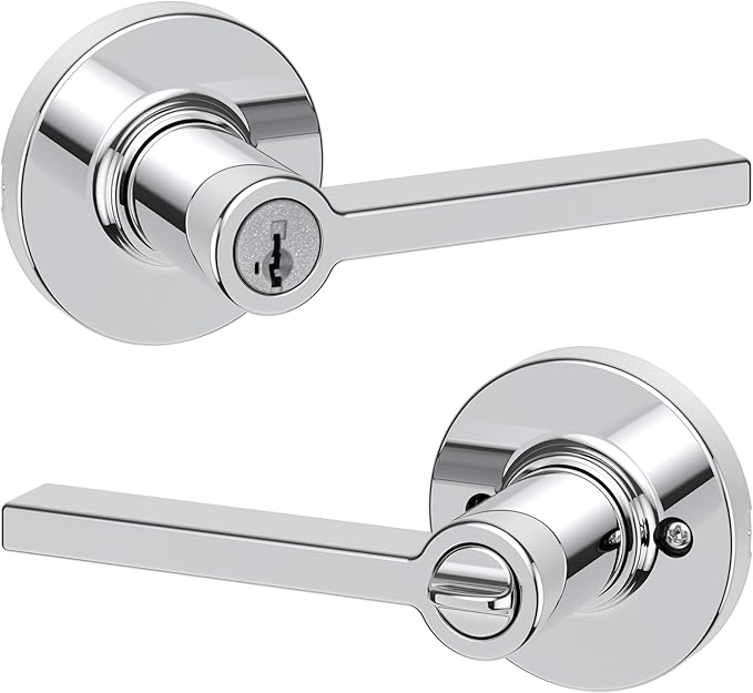 Kwikset Casey Entry Round Door Handle with Lock and Key, Secure Keyed Reversible Lever Exterior, Doorlock, for Front Entrance and Bedrooms, Polished Chrome, Pick Resistant Smartkey Rekey Security
