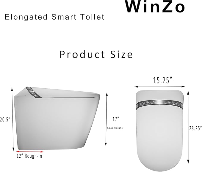 WinZo Luxury Smart Toilet with Elongated Heated Bidet Seat, Auto Flush, LED Display, Multiple Wash Modes with Starry Night Light Warm Comfort with ADA Height,White