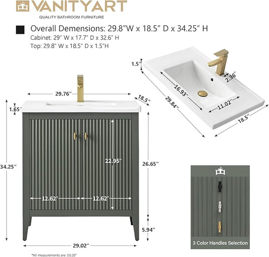 Vanity Art 30 inch Bathroom Vanity with Single Sink & Ceramic Top, Vanity Cabinet with Soft-Closing Door, Solid Wood Frame, Linear Pattern, Vintage Green, VA9130-VG-MB,Matte Black Handles