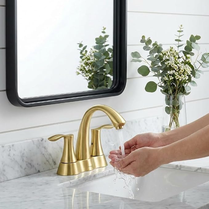 Brushed Gold Bathroom Faucet 3 Hole, 2 Handle Bathroom Sink Faucet, 4 Inch Centerset Bathroom Faucet with Drain Assembly, BF423-SG