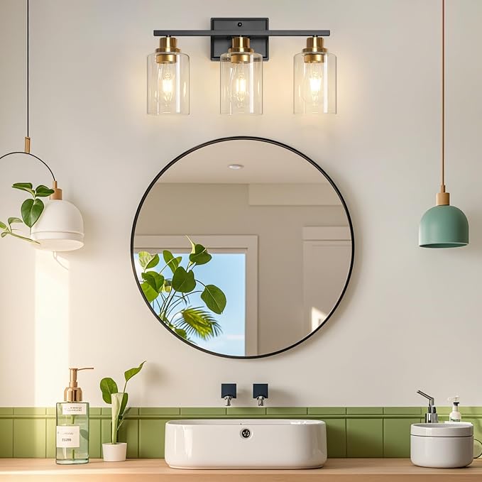 3 Light Bathroom Light Fixtures, Modern Vanity Lights Over Mirror, Black and Gold Wall Lamp with Clear Glass for Living Room Cabinet Bedroom Porch