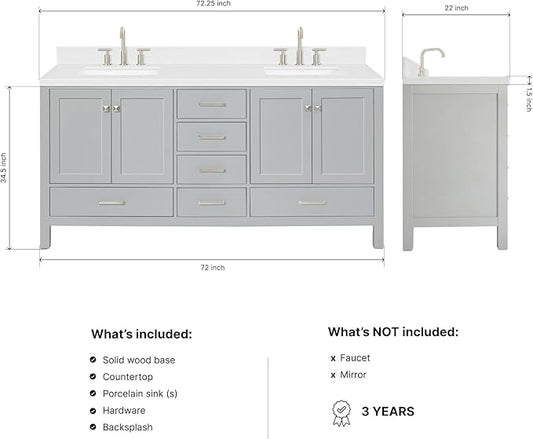 DKB Beckford 72 Inch Bathroom Vanity Double Sink — Grey Bathroom Vanity with Sink, 1.5" Edge Carrara White Quartz Countertop & Backsplash, 4 Soft-Close Doors, 6 Dovetail Drawers