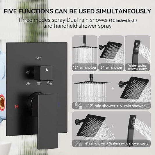 Shower System Shower Faucet Set, STARBATH 12"+6" Ceiling Mount Rain Shower Head and Handheld Spray for Two Person, Rainfall Shower System with Diverter Valve and Trim Kit CompleteοΌMatte Black
