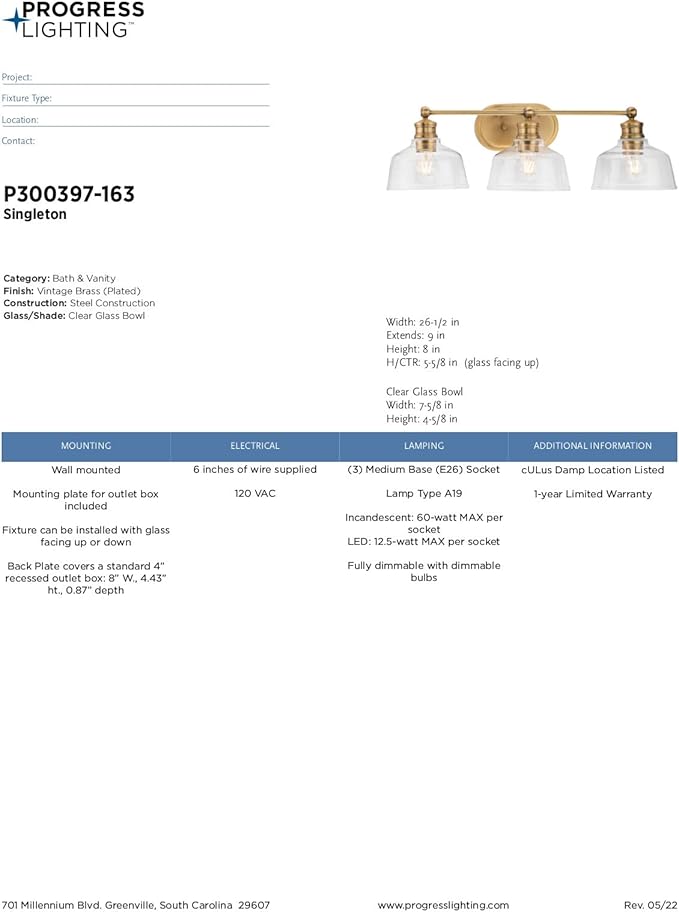 Progress Lighting P300397-163 Singleton Collection 3-Light Vanity Light Vintage Brass