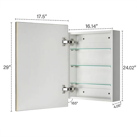 TEHOME 17.5'' x 29'' Brushed Gold Recessed and Surface Mount Bathroom Medicine Cabinet with Mirror Brushed Gold Square Cornered Metal Framed Rounded Rectangle Medicine Cabinet Mirror