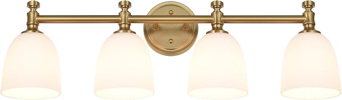 Gold Bathroom Vanity Light, 4-Light Bathroom Light Fixtures Over Mirror, Traditional Vanity Lights for Living Room, Milk White Bell Glass Shades, Standard E26 Base, Aged Brass