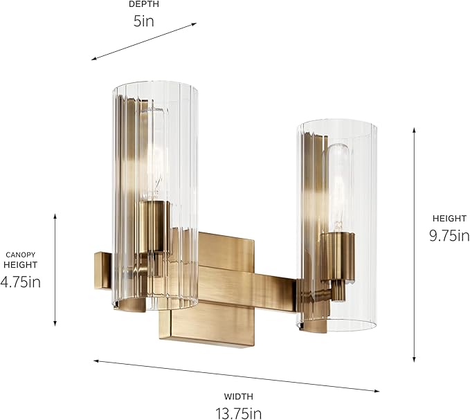 Kichler Jemsa 2 Light Vanity, Modern Light with Clear Fluted Glass in Champagne Bronze for Bathroom or Powder Room (9.75" x 13.75"), 55167CPZ