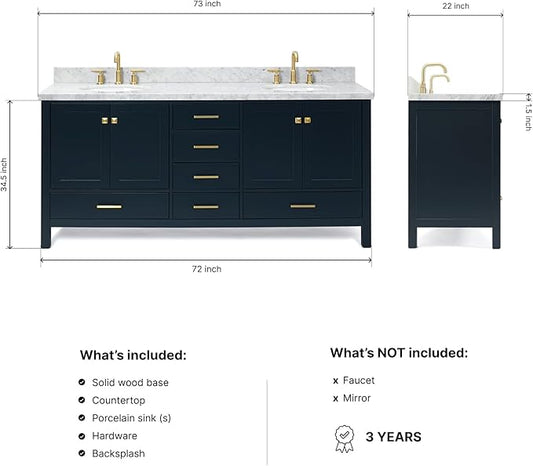 ARIEL Cambridge 72-inch Bathroom Vanity with Sink,Solid Wood, 1.5-inch Italian Carrara Marble Countertop, Double Oval Porcelain Sink, 4 Soft Closing Doors, 6 Dovetail Drawers, Midnight Blue