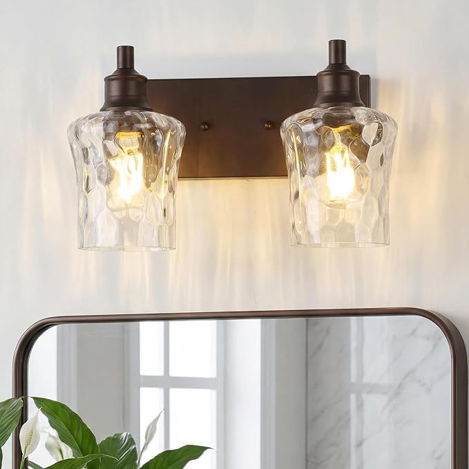 Bathroom Light Fixtures Farmhouse Oil Rubbed Bronze Vanity Lights for Bathroom Lighting Fixtures Over Mirror with Hammered Glass Lampshade for Cabinet Mirror Bedroom Hallway 2 Light