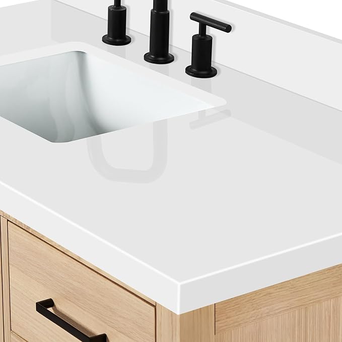 ARIEL 43 inch Bathroom Vanity top with Sink, 1.5 Inch Thick Miter Edge White Quartz top, Left Offset Vanity top with Rectangle Porcelain Sink, Includes Backsplash