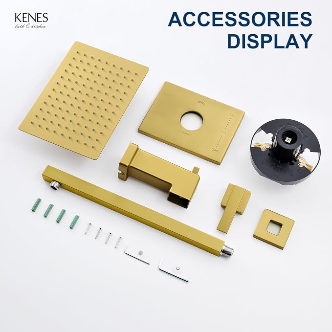 KENES Brushed Gold Shower Set with Tub Faucet, Square Tub Shower Faucet Set | Shower Faucet with 10-Inch Rain Shower Head, Square Shower System, Valve Included, Lead-Free cUPC & NSF Certified, Stainless