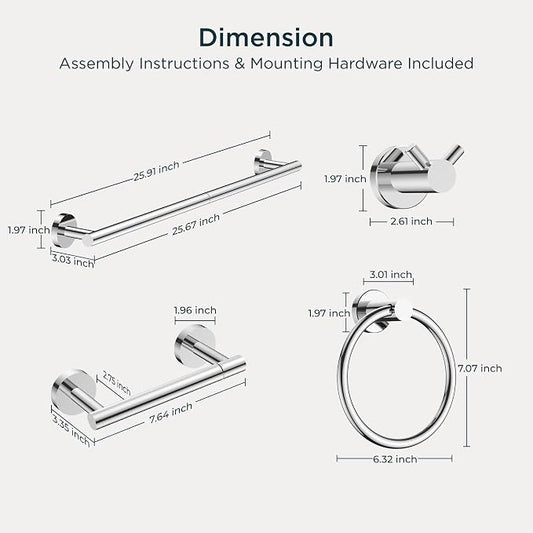 FORIOUS Bathroom Accessories, 4-Piece Bathroom Hardware Set - 24" Towel Bar | Chrome | Towel Hooks, Towel Racks for Bathroom, Toilet Paper Holder Wall Mounted & Towel Ring | SUS304 Stainless Steel