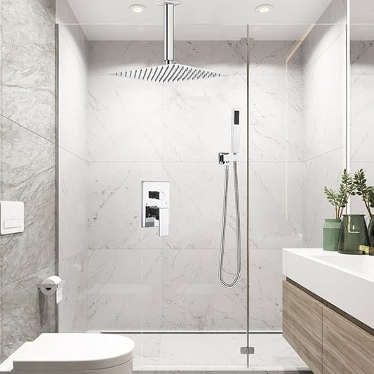 Shower System Polished Chrome Bathroom 10 Inch Rain Shower Head Ceiling Mount with Handheld Luxury High Pressure Shower Combo Set Shower Faucet Rough-in Valve Body and Trim Kit