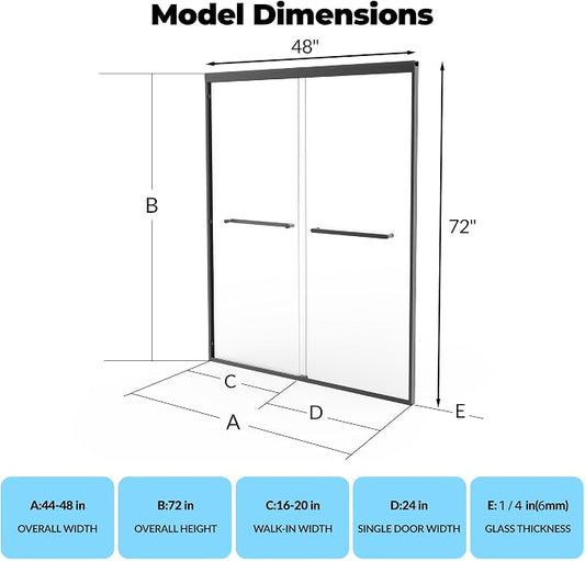 Sliding Shower Door, Adjustable 44"-48" W x 72" H with Double 6mm (1/4") SGCC Tempered Glass Panels, Fully Framed Matte Black Aluminum Alloy, Square Track, Bypass Design