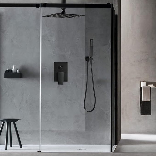 10 Inch Ceiling Mounted Shower System Rain Mixer Shower Combo Set Rainfall Shower Head System Matte Black Shower Faucet Rough-in Valve Body and Trim Kit Included