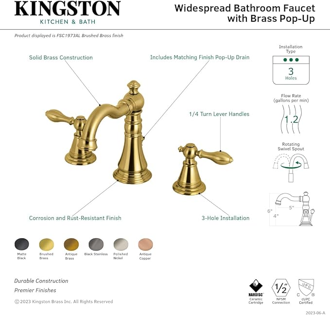 Fauceture FSC1974AL English Classic Widespread Bathroom Faucet with Brass Pop-Up, Black Stainless