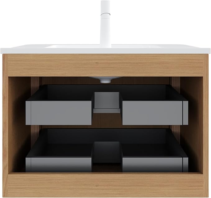30" Floating Bathroom Vanity with Sink, Wall Mounted Modern Bathroom Cabinet with 2 Soft Close Drawers, Oak & Plywood, Pre-Assembled with Integrated Ceramic Basin – Bruges, Natural Wood