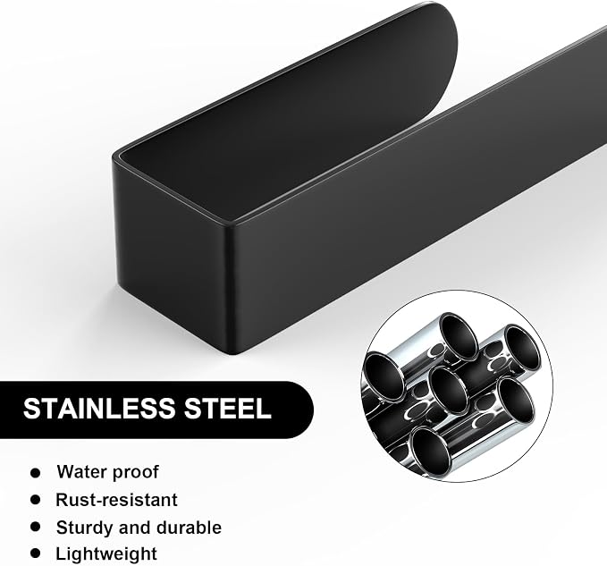 HUFEEOH Black Adhesive Hand Towel Holder Set, 8-Inch Rack and 14-Inch Bar | Stainless Steel U-Shape Design, No Drill, Self-Stick Installation, Washcloth Storage in Bathrooms, Hotels, RVs, Kitchens
