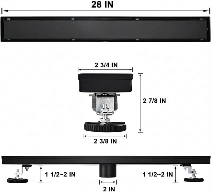 Linear Shower Floor Drain, Black 28 Inch 304 Stainless Steel Bathroom Drains Kit, Rectangular Shower Trench Drain with Reversable Tile-in Pattern Drain Cover & Hair Catcher
