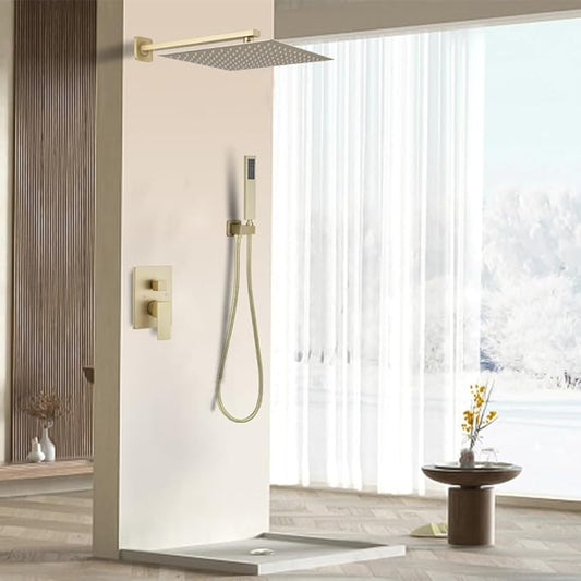 Brushed Gold Shower System 16 Inch Bathroom Luxury Rain Mixer Shower Combo Set Wall Mounted Rainfall Shower Head and Handheld System Shower Faucet Set Rough-in Valve Body and Trim Kit