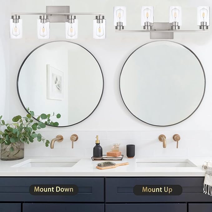 4 Light Bathroom Vanity Light Fixtures, Brush Nickel Modern Wall Lights with Clear Glass Shade, Vintage Wall Sconce Lighting for Living Room, Mirror, Bedroom, Hallway (Nickel, 4-Lights)