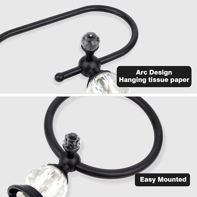 2 Pieces Sets Black Crystal Series Toilet Paper Holder Wall Mouted Towel Ring, Gold Round Hand Towel Rack Decorative for Bathrooms