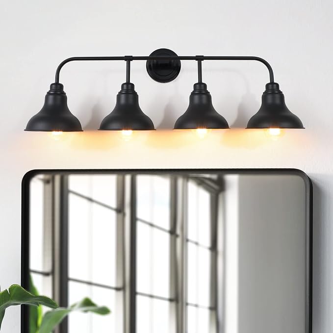 34.25-Inch 4-Light Matte Black Vanity Light for Bathroom Mirror | Farmhouse industrial style, matte black metal, 4 E26 base max 60W, no bulbs, wall lighting for bathroom mirror, hallway