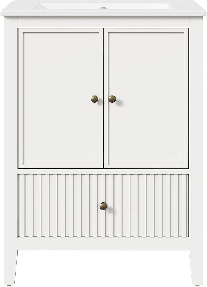 RoyalCraft 24'' Bathroom Vanity with Ceramic Sink Combo Set, Modern Wood Bathroom Cabinet with Soft Closing Doors and Fluted Drawer, Free Standing Storage Cabinet, White
