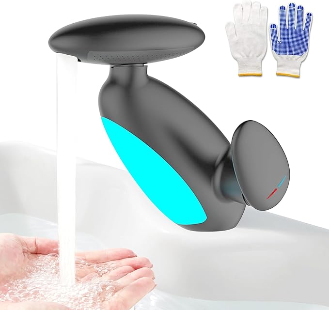 Smart Bathroom Faucet with Pull-Out Sprayer, 4 Modes Bathroom Faucet Waterfall Fountain, 360° Rotating Spout, Single Hole Modern Vanity Tap, Temperature-Sensing LED Lights (Grey)