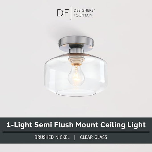 Designers Fountain Semi Flush Mount Ceiling Light, 8.75 Inch Clear Glass Lighting Fixture for Kitchen, Bedroom, Bathroom, and Hallway, Brushed Nickel, D335M-SF-BN