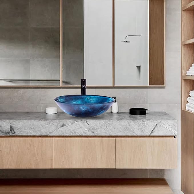 Vessel Sink 16.5" Bathroom Sinks Tempered Glass Blue Art Basin Round Bowl with Faucet Combo Blue,Modern Countertop Bowl Sink for Lavatory Vanity Cabinet
