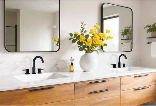 Bathroom Faucet 3 Hole, Matte Black Bathroom Sink Faucet with Pop Up Drain, 8 Inch Widespread Bathroom Faucet with 360° Swivel Spout, 2 Handle Vanity Faucet with Water Supply Hoses (2 Pack)