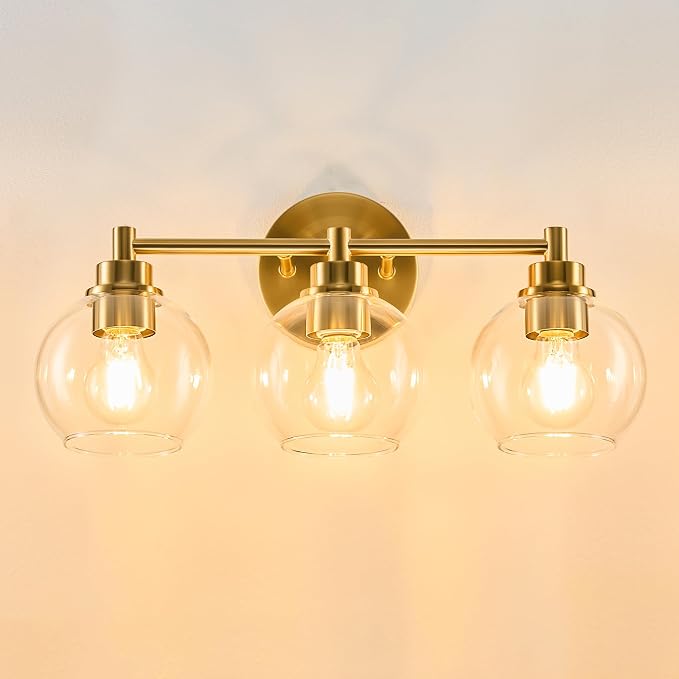 VONLUCE 3 Light Bathroom Vanity Light Fixtures, Gold Finish | Globe Glass Shades, E26 Sockets, Easy to install, Vanity Lights for Bedroom Hallway Living Room