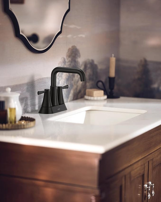 Moen Ronan Matte Black Two-Handle 4 in. Centerset Modern Double Bend Bathroom Faucet with Push-Down Drain, 84025BL