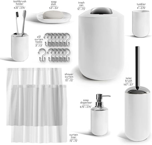 Clara Clark Bathroom Set - White Bathroom Accessories Set, 20PC Bathroom Accessory Set, Shower Curtain Set with Liner, Toothbrush Holder, Soap Dispenser, Soap Dish, Toilet Brush Holder, and Trash Can