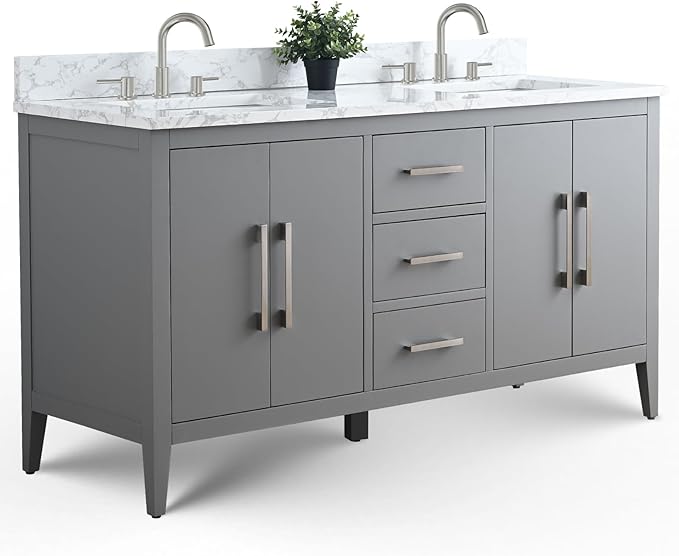 Vanity Art 60 inch Bathroom Vanity with Double Sink & Ceramic Top, Vanity Cabinet with Soft-Closing Doors, Drawers, Solid Wood Frame, Cashmere Gray,VA9060-DG-BN1