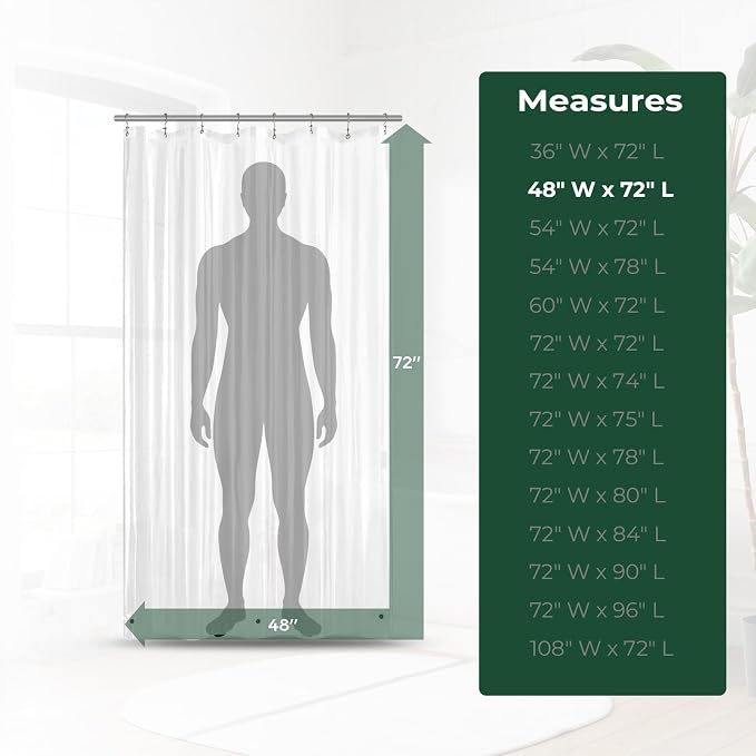 Clear Shower Curtain Liner with Side Suction Cups, Premium PEVA Plastic Shower Liner with 3 Magnets, Waterproof Bathroom Curtain, 48 x 72, Clear