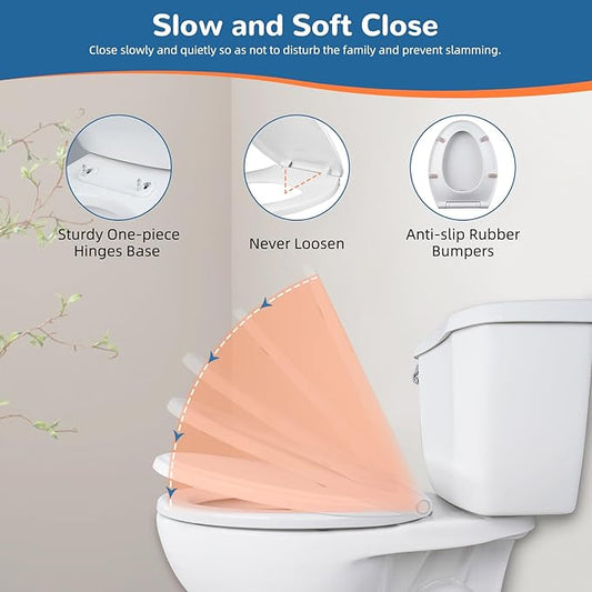 Universal Toilet Seat Elongated with Soft Close Cover, Oval Toilet Seat Replacement with Toilet Bolts Hinge and Bumpers, Compatible with Kohler, American Standard, TOTO, One-click Release, White