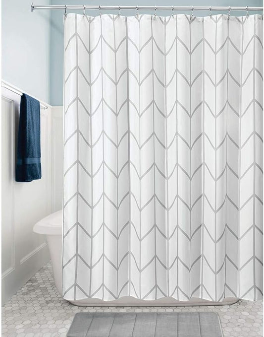 mDesign Fabric Geometric Shower Curtain - Herringbone Chevron Print with Reinforced Buttonholes for Master/Guest Bathroom - Machine Washable & Water Resistant Curtains, 72" x 72", Gray/White