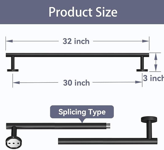 Matte Black Towel Bar, 30 Inch Bathroom Towel Rack | (Total Length 32-Inch), Towel Holder Wall Mounted, Thicken SUS304 Stainless Steel Towel Rod Modern Home Decor