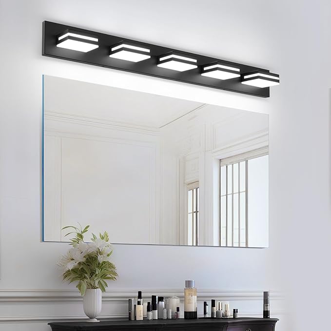 5 Light Bathroom Vanity Light Matte Black Modern 36W LED Dimmable Vanity Light Over Mirror 350° Adjustable Lamp Head Cold White 6000K ETL Listed 36.2Inch